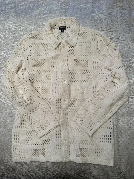 Todd Snyder  Open-Knit Long-Sleeve Cabana Shirt in Chalk. Made in Italy. Medium - Picture 1 of 6